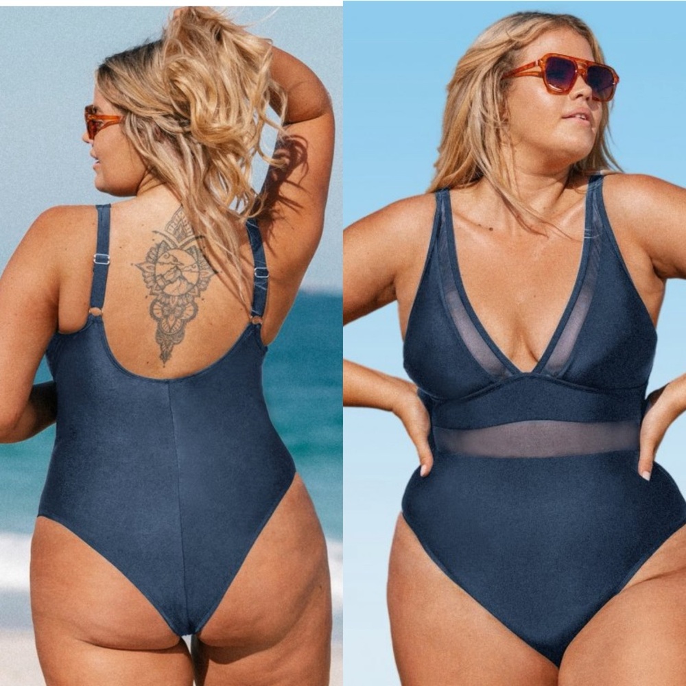 NWT Women's Plus Size V Neck Mesh Sheer One Piece Swimsuit SIZE 3X